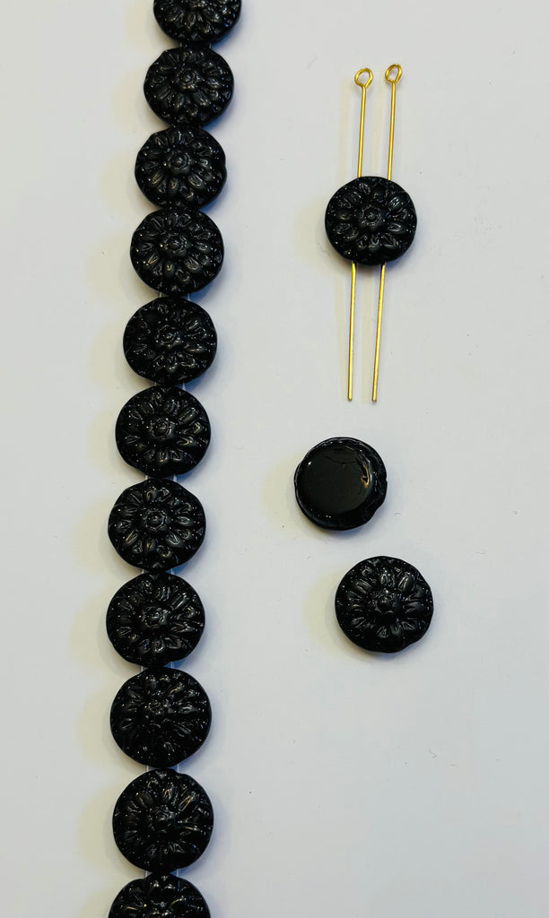 14mm Double Hole Pressed Glass Flower Round Black