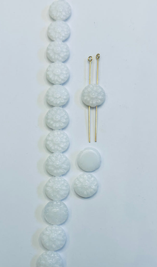 14mm Double Hole Pressed Glass Round Flower White