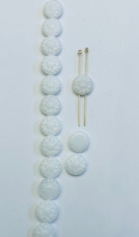 14mm Double Hole Pressed Glass Round Flower White